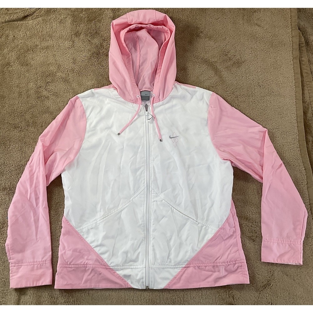 Nike Jacket Zip Hood Vented  Pink White With Argyle Lining Size XL (16-18) 150